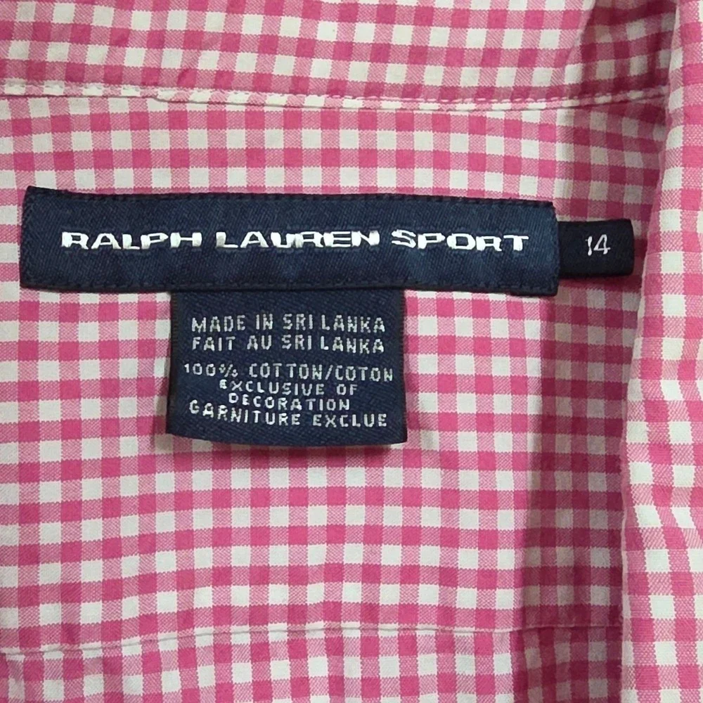 Ralph Lauren Girls Sport Kids Pink Gingham Short Sleeve Button Down Shirt Size14